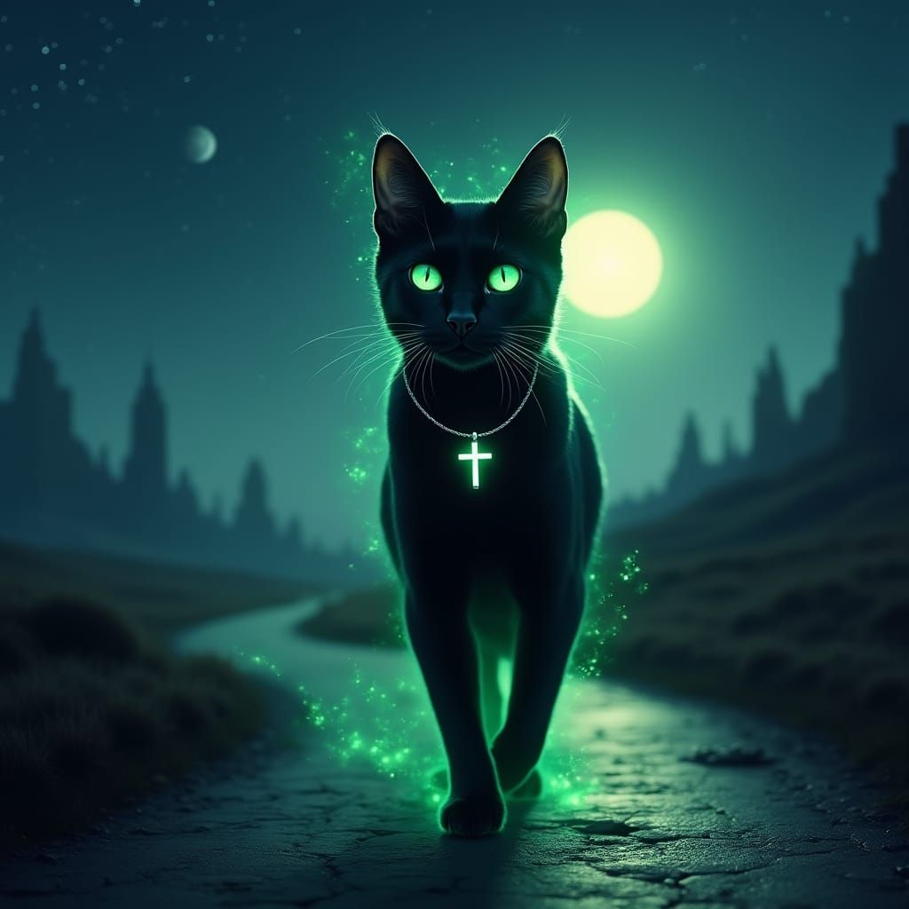 Supernatural Black Cat Strolls Under the Ethereal Moonlight