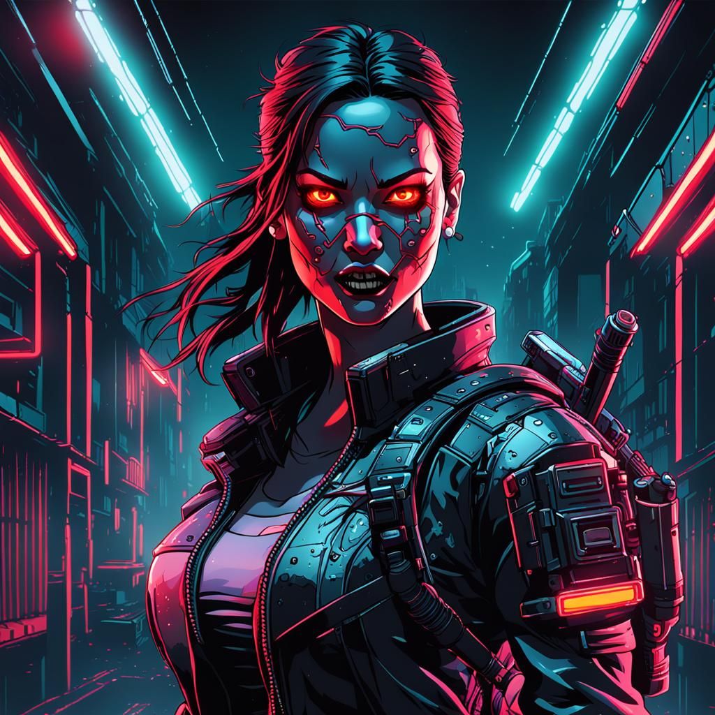 Sinister Cyberpunk Animatronic in Vector Art Style