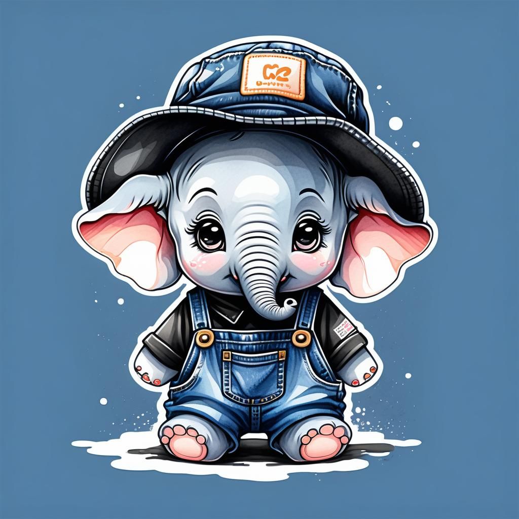Chibi Elephant in Overalls, Watercolor Illustration