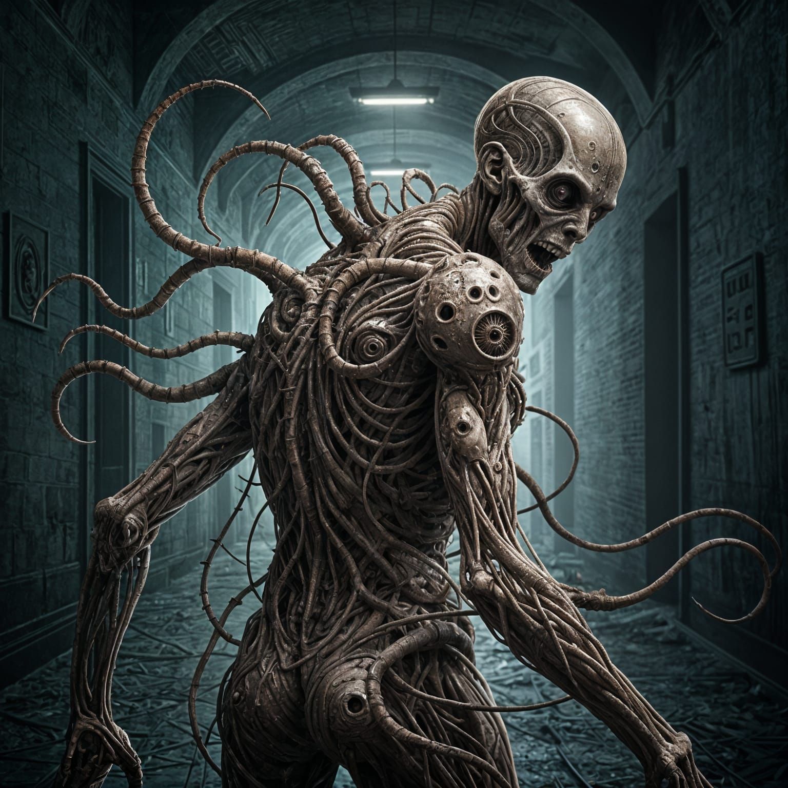 Grotesque Multi-Limbed Creature in Abandoned Asylum