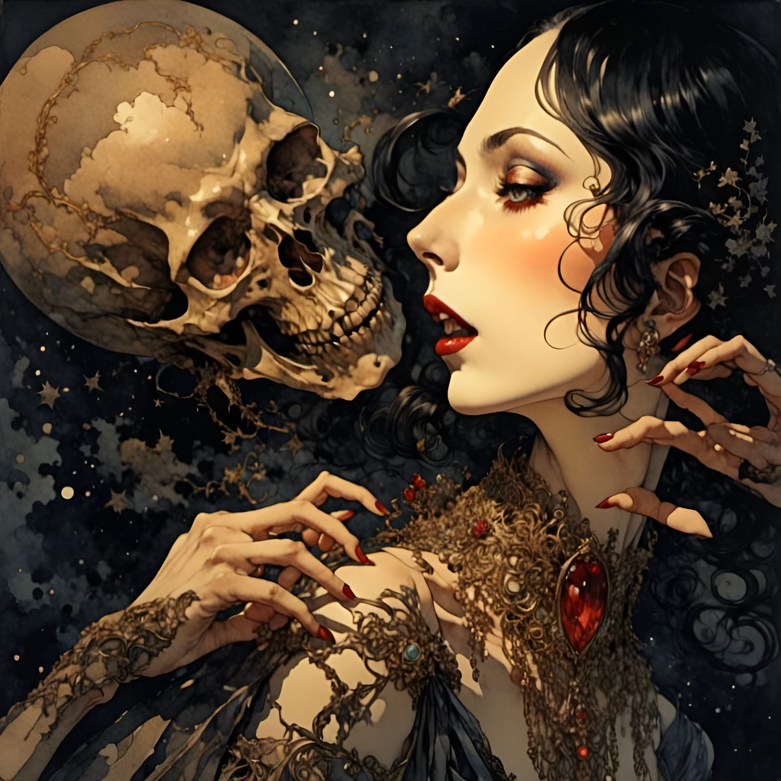 Vampire and Woman in Romantic Watercolor Style