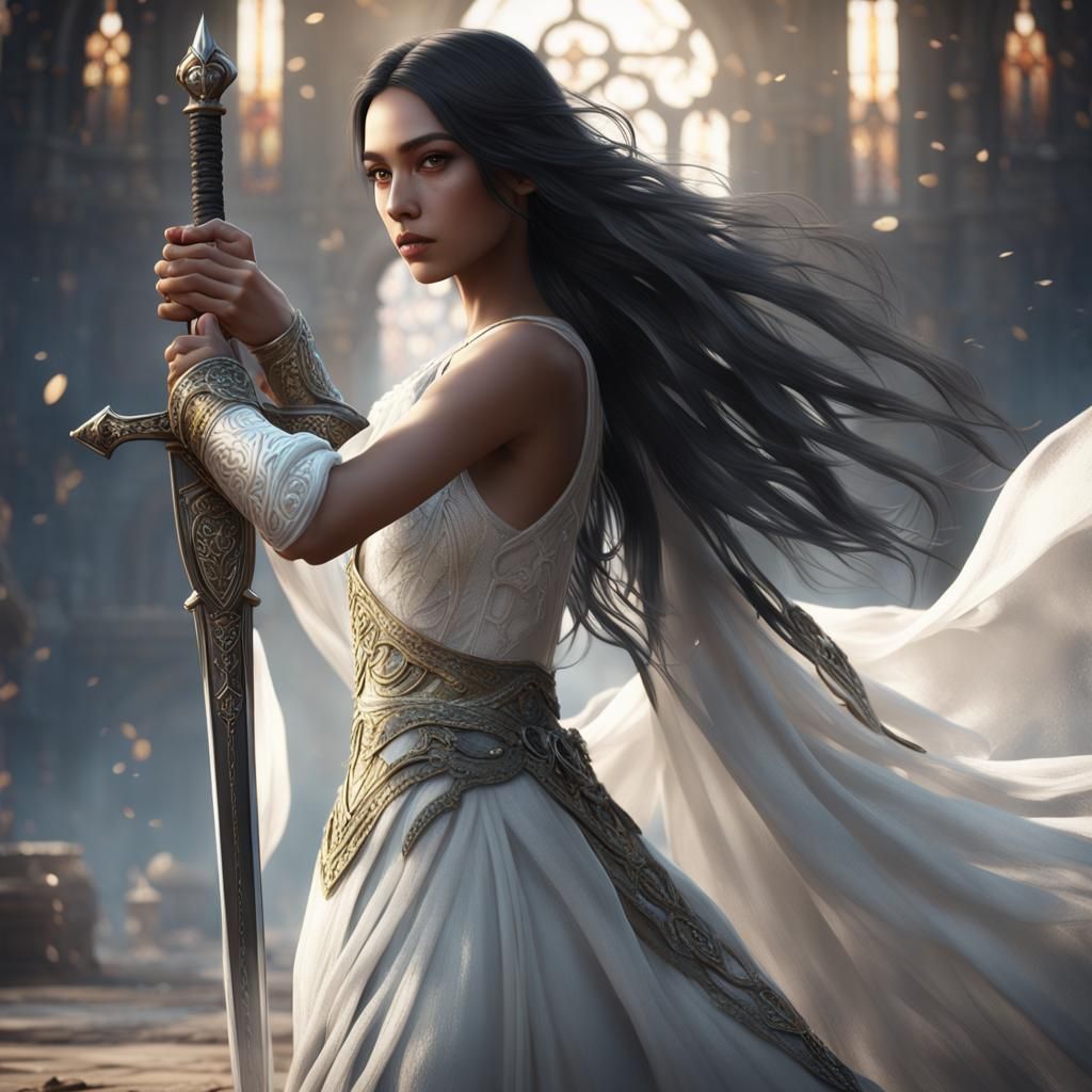 Fantasy Girl Warrior with Sword in Detailed Matte Painting
