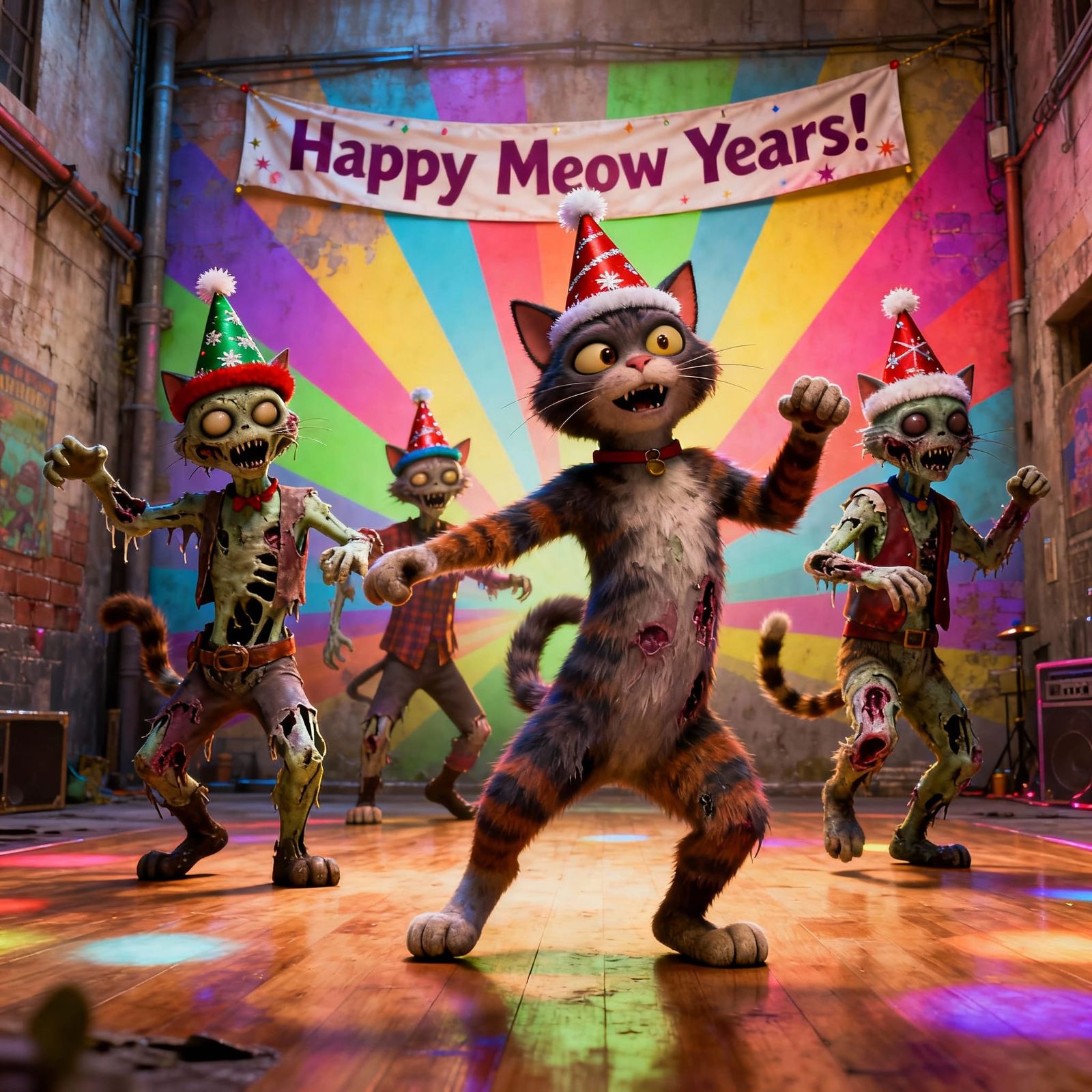 Zombie Cats Celebrate New Year's Eve in Disney Cartoon Style
