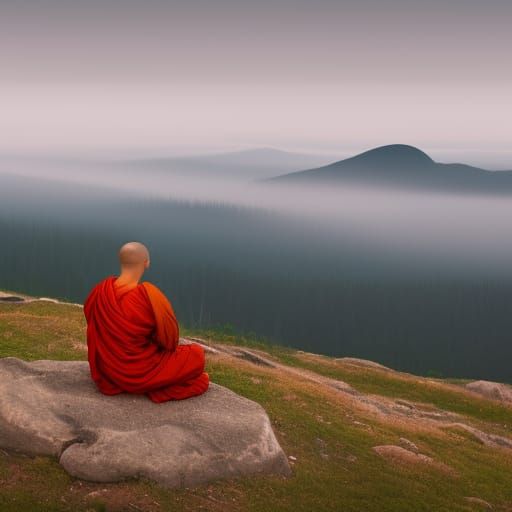Meditating Monk on Foggy Peak: A Serene Panorama