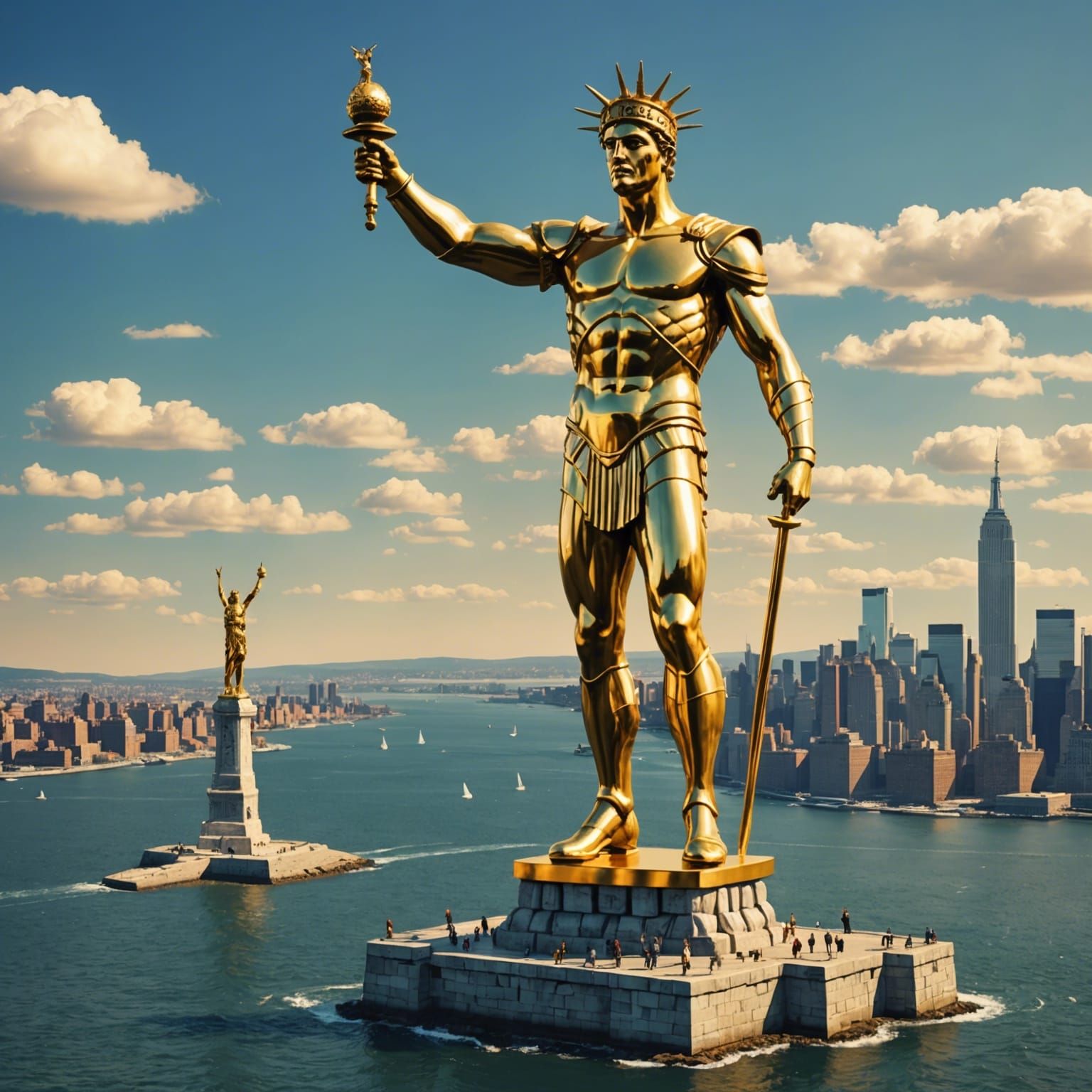 Golden Colossus Statue Over New York Harbor