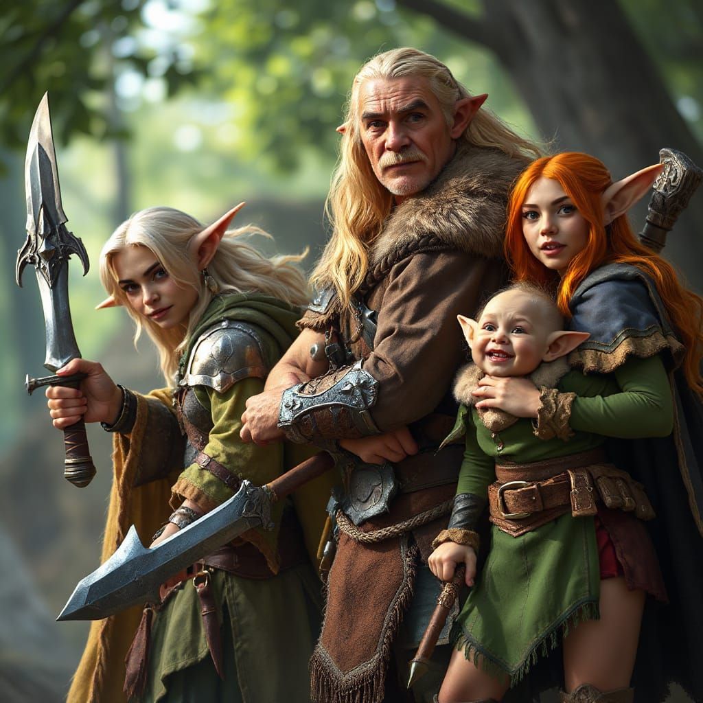 Group photo. Fantasy, hyperdetailed, 8K, bokeh. An old elf h...