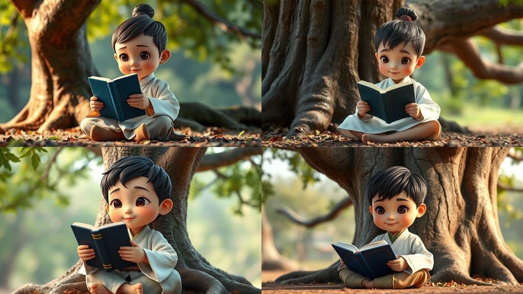 Pixar Style Boy Reading Book Under Tree