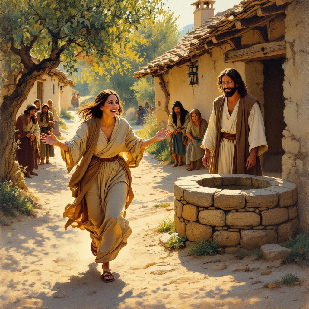 Joyful Woman Runs from Well in Classic Realism