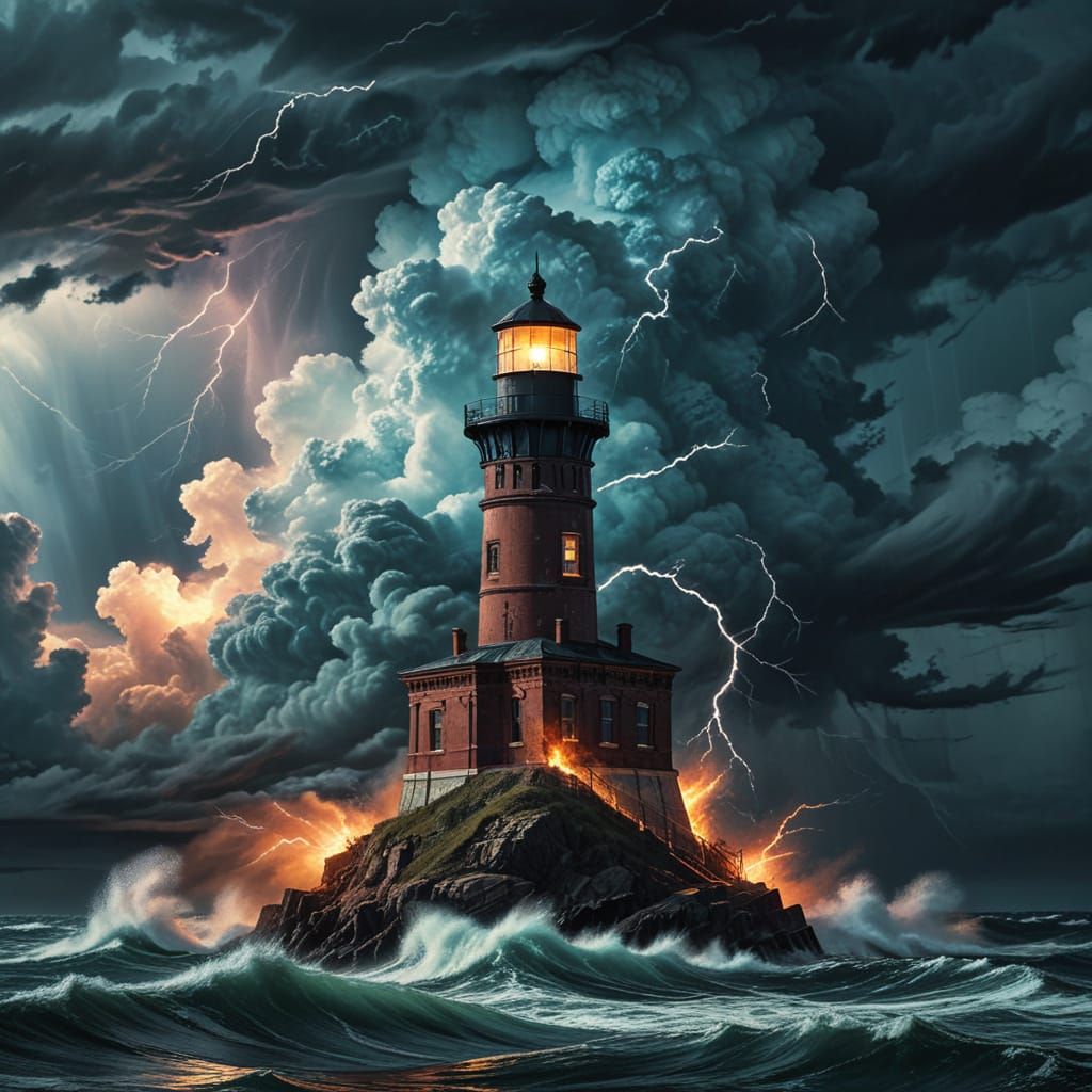Dystopian Lighthouse in Burning Thunderstorm