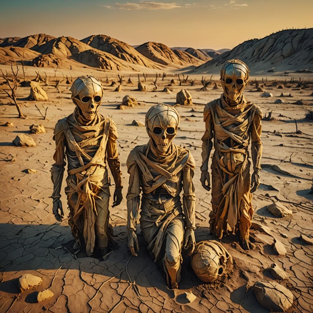 Desert Mummies in Retro Korean Surrealism Style