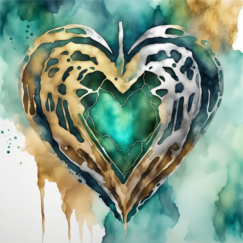 Cyberpunk Heart in Gold, Silver, and Emerald Watercolor