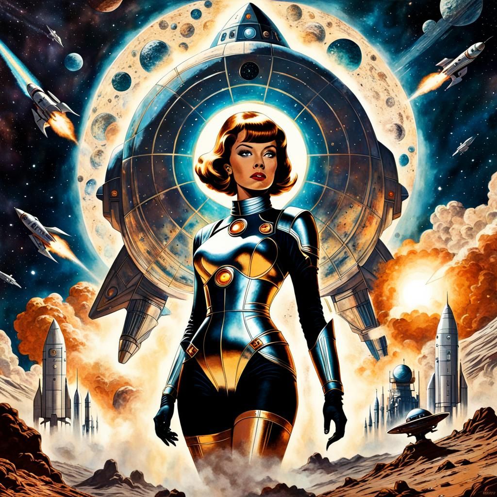 Retro futurism :1960s pulp sci fi art style, Book Cover “Cap...