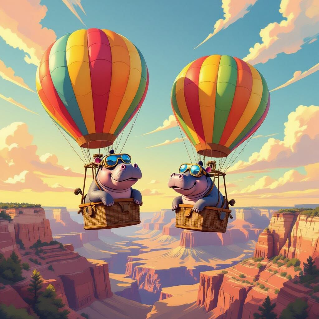 Hippos Piloting Hot Air Balloons Over Grand Canyon