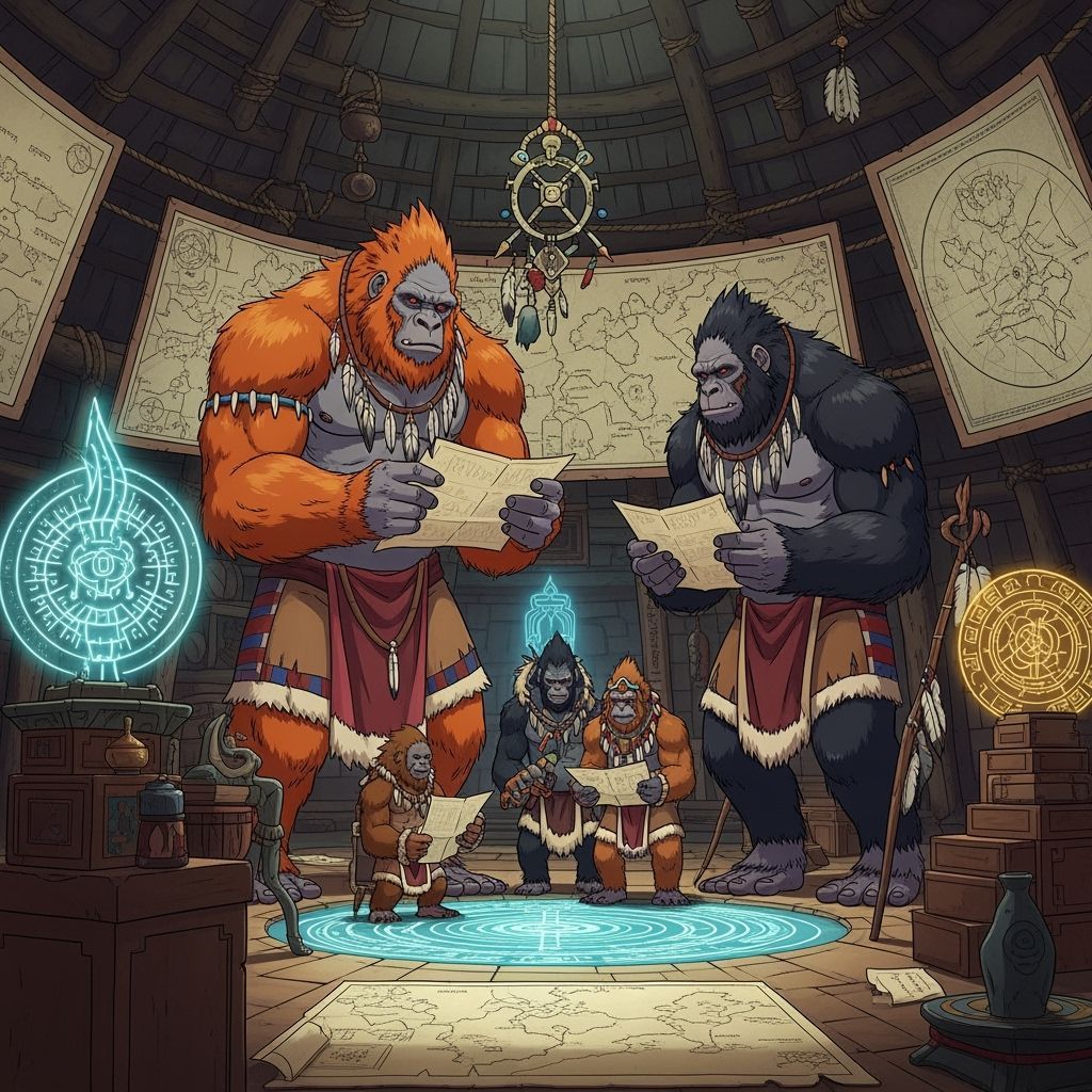 Giant Sasquatch Tribes Mapping Realms in Anime Style