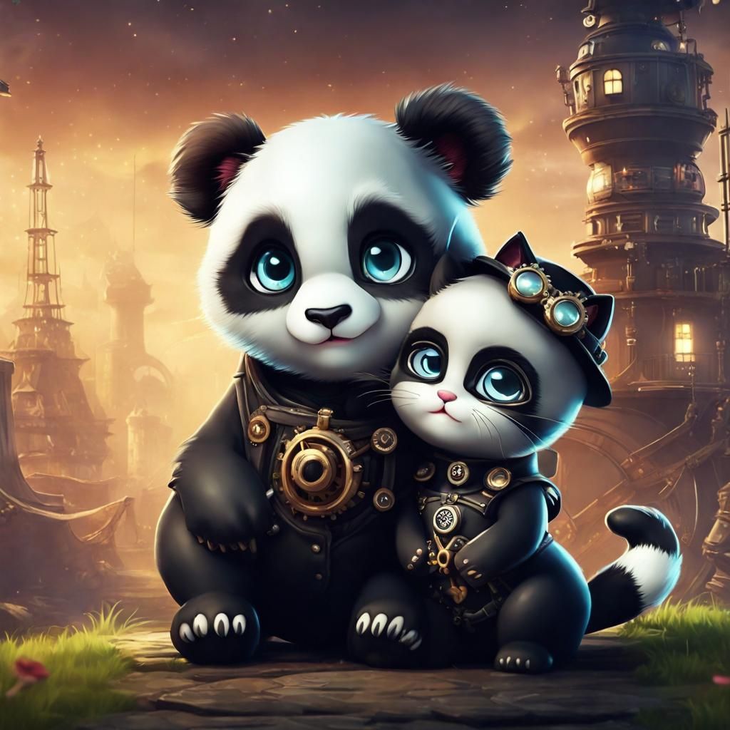 Chibi Panda and Cat Nose Kiss in Steampunk Style