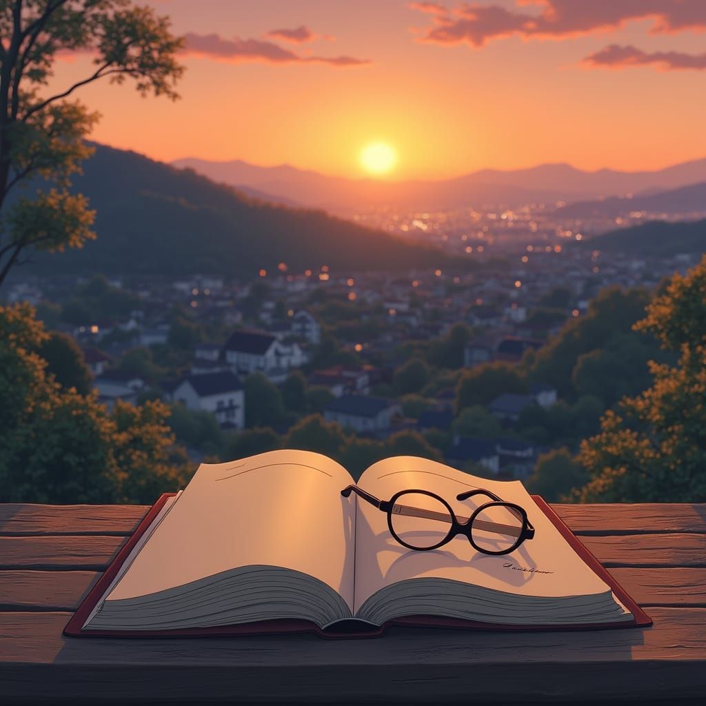 Japanese Hillside Sunset with Book and City Lights