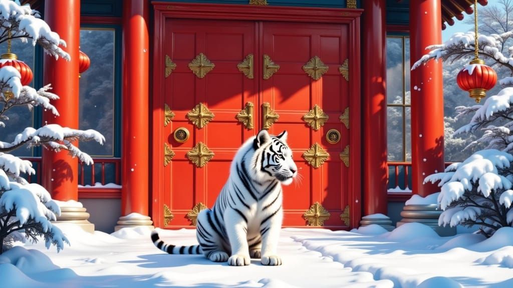 Majestic White Tiger at Ornate Chinese Temple Door