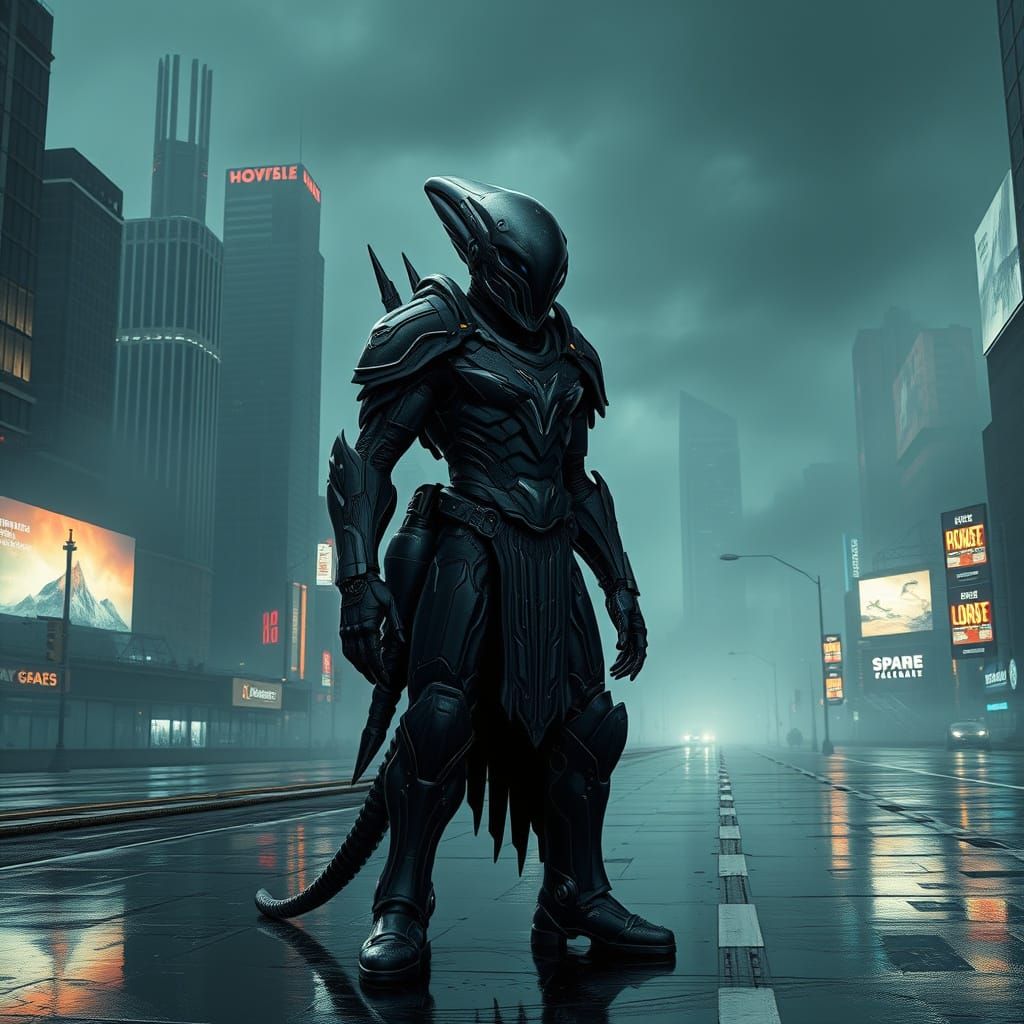 Futuristic Alien General in High-Tech Armor Amidst Dystopian...