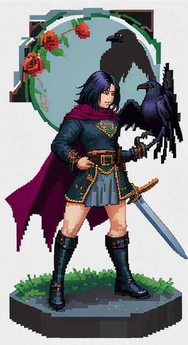 Raven, Rose, Tome, and Longsword in Pixel Art