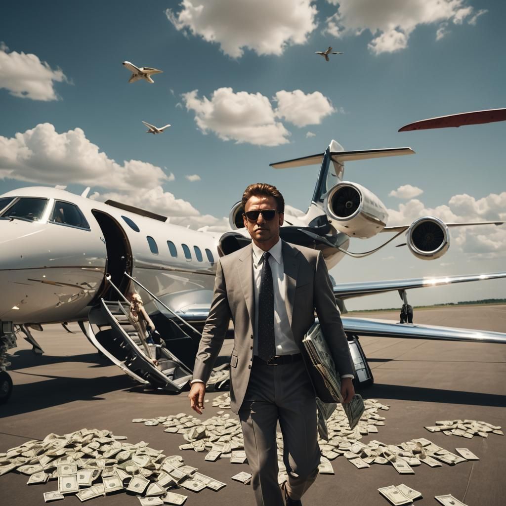 Wealthy Man Exits Jet in Cinematic Film Still