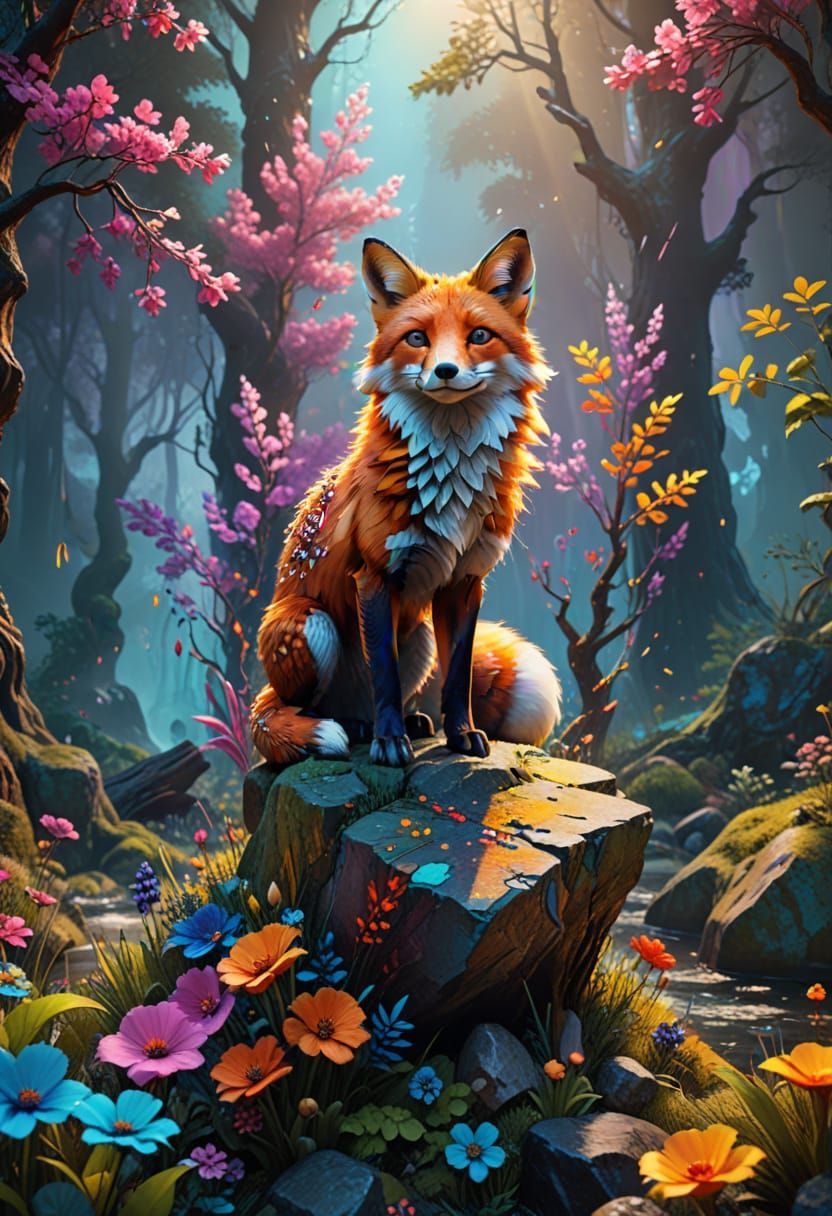 Mystical Fox in Vibrant Surrealist Forest Landscape