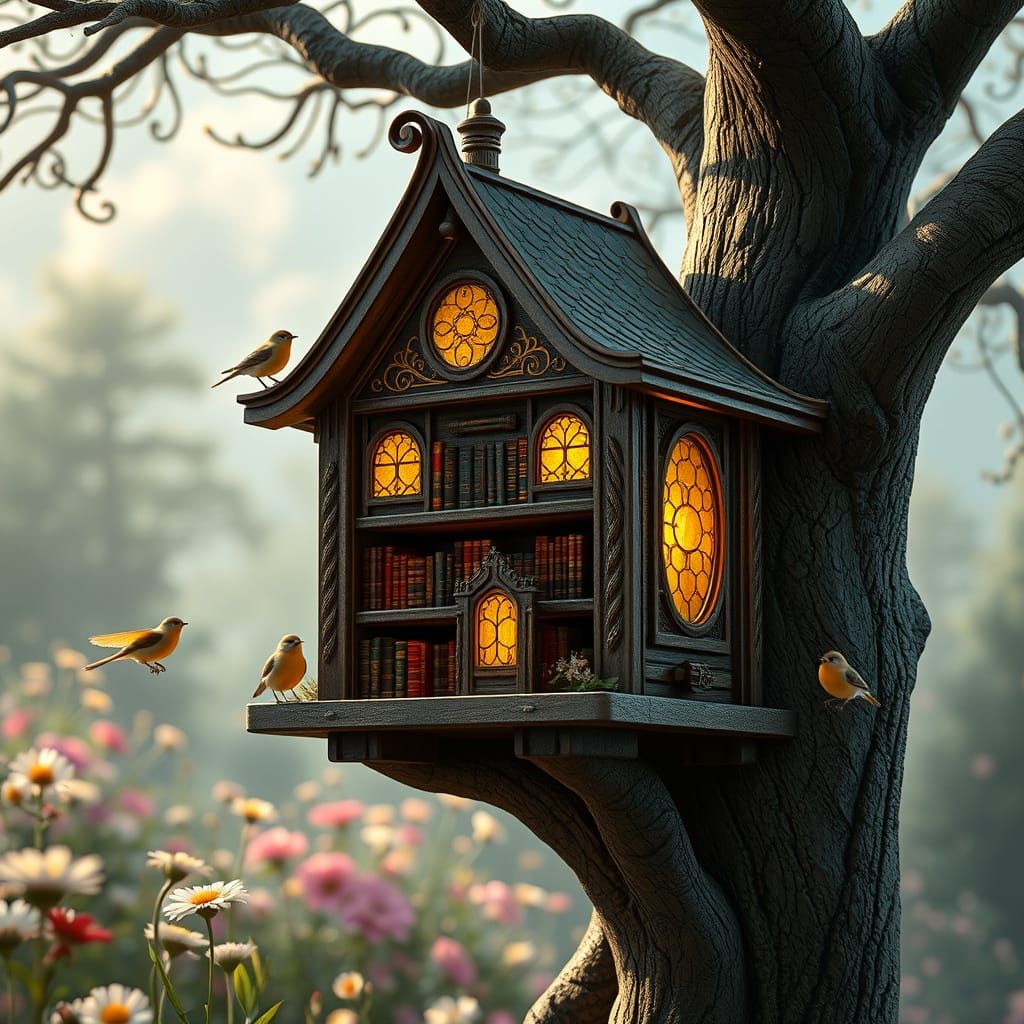 Miniature Library Birdhouse in a Magical Garden