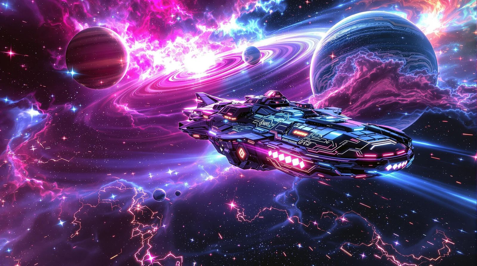 Vibrant Sci-Fi Galaxy Scene with Neon Spaceship