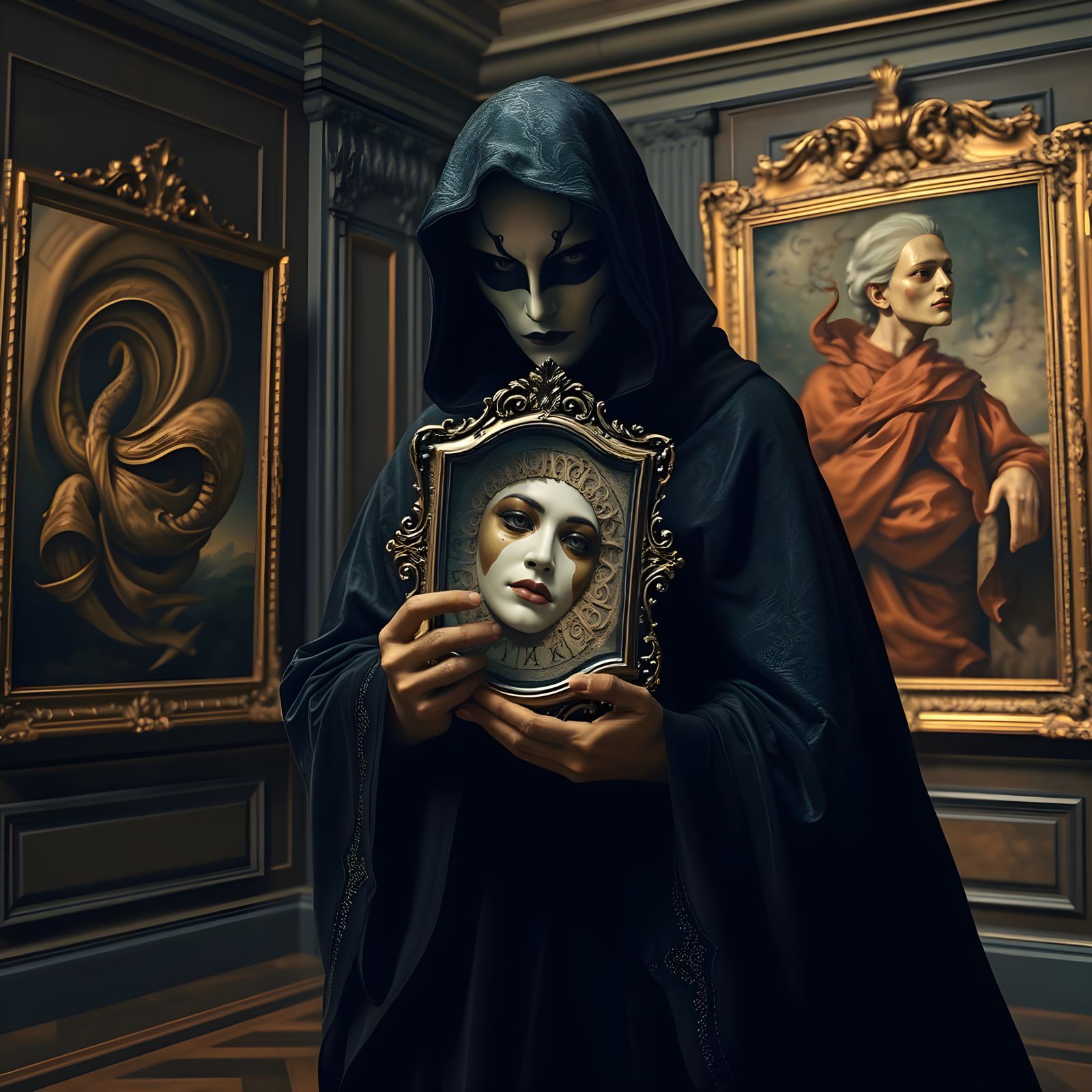 Surrealist Figure Unveils Truth in Subdued Gallery