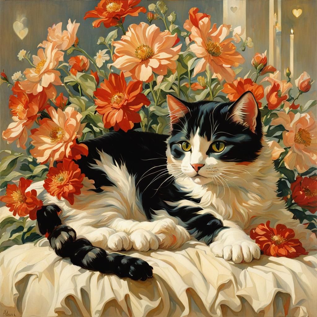 Cat with Flowers in Golden Age Illustration Style