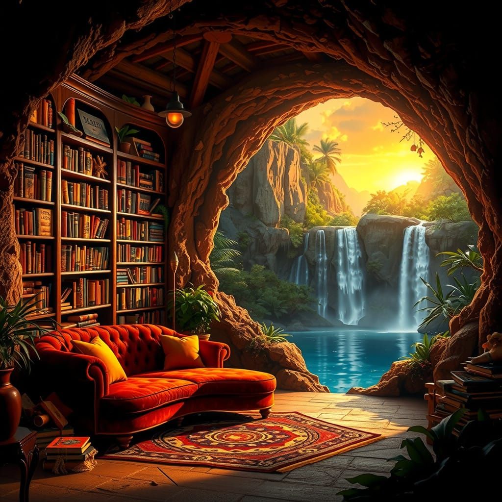 Cozy Cave Library with Tropical Waterfall Oasis