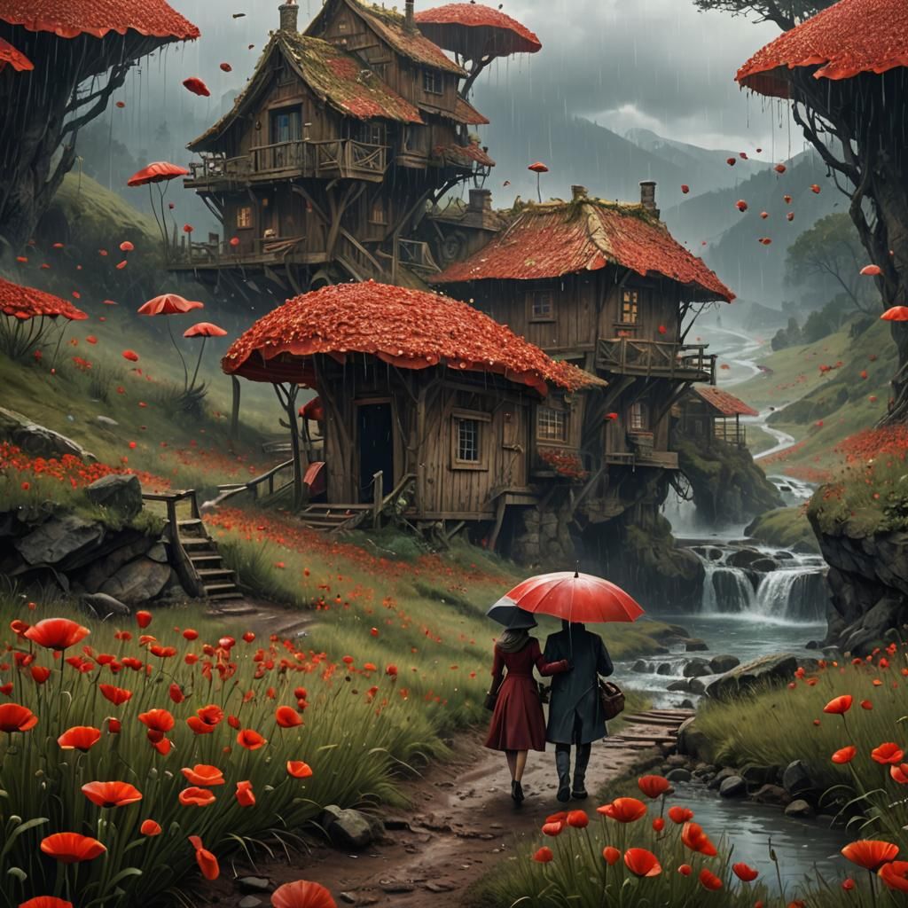 Couple in Red Poppy Field Running in Rain