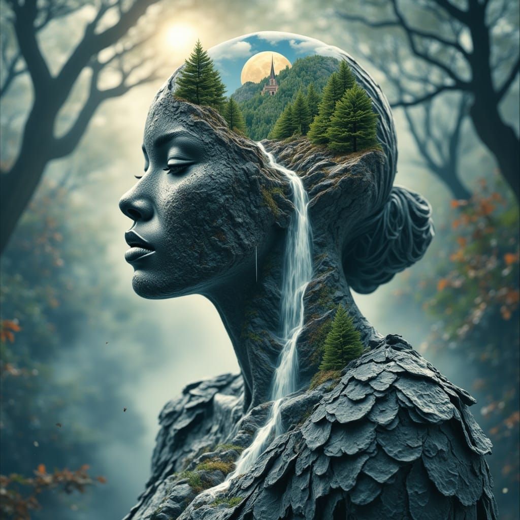 Ice Woman Double Exposure: Forest and Waterfall