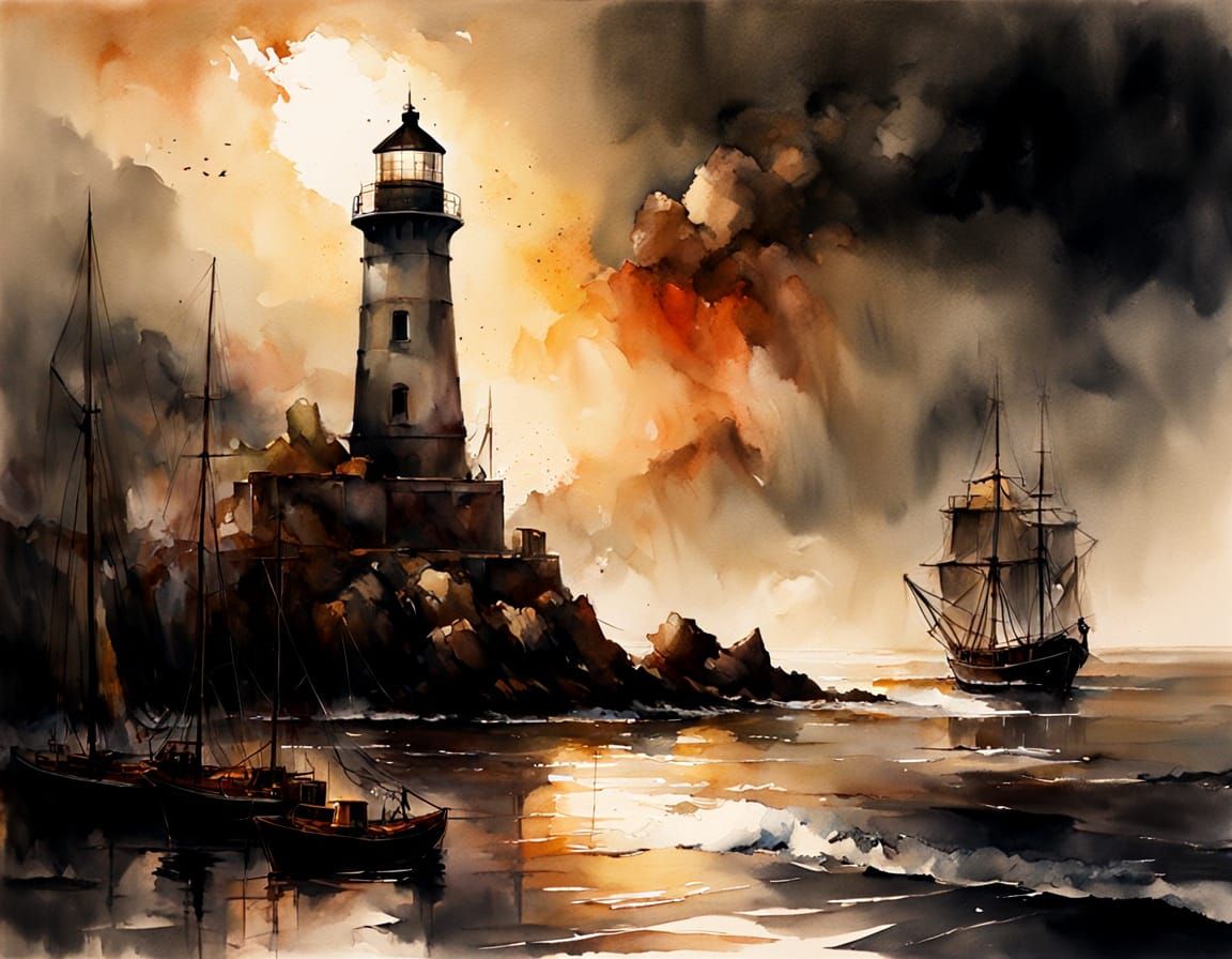 Lighthouse in Fog: Minimalist Watercolor Art