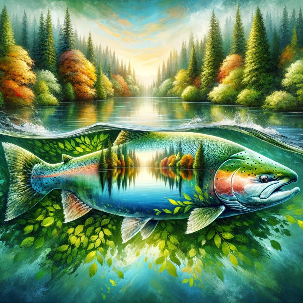 Majestic Silvery Salmon in a Serene Springtime Landscape