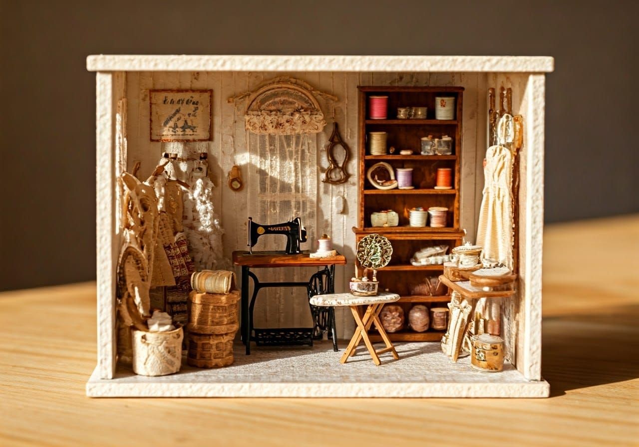 Miniature Sewing Shop Diorama in Storybook Style