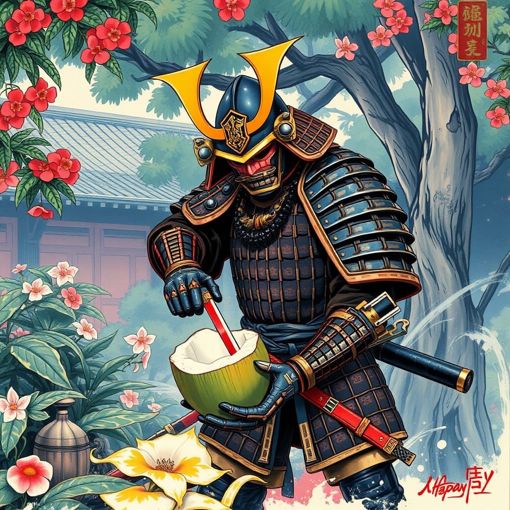 Samurai Slices Coconut in Japanese Garden Art Style