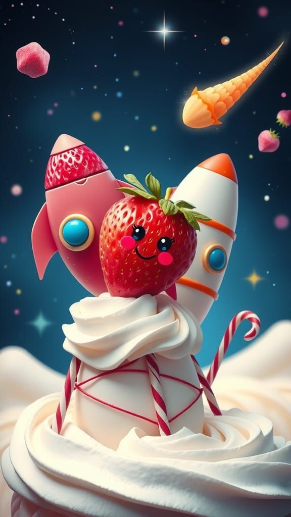 Strawberry Rocket Ships Launching into Starry Night