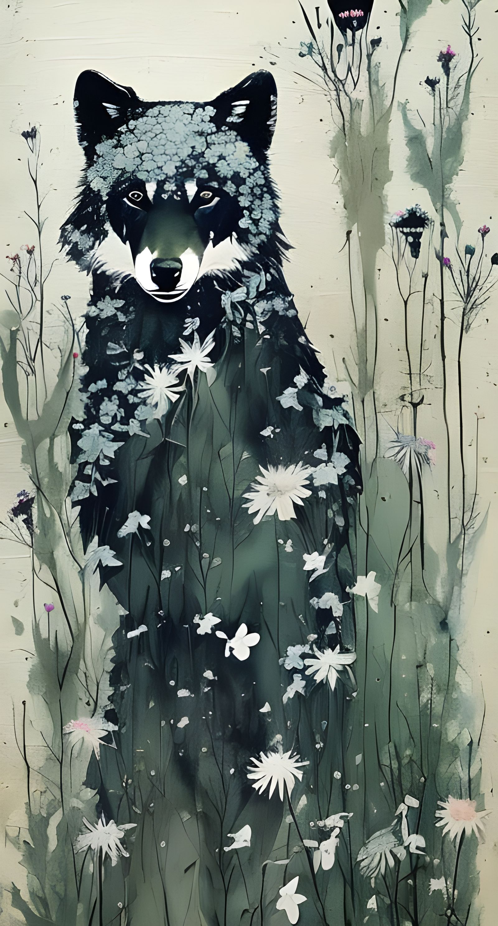 Ghost Wolf Cub with Flowers: Sinister Fine Art