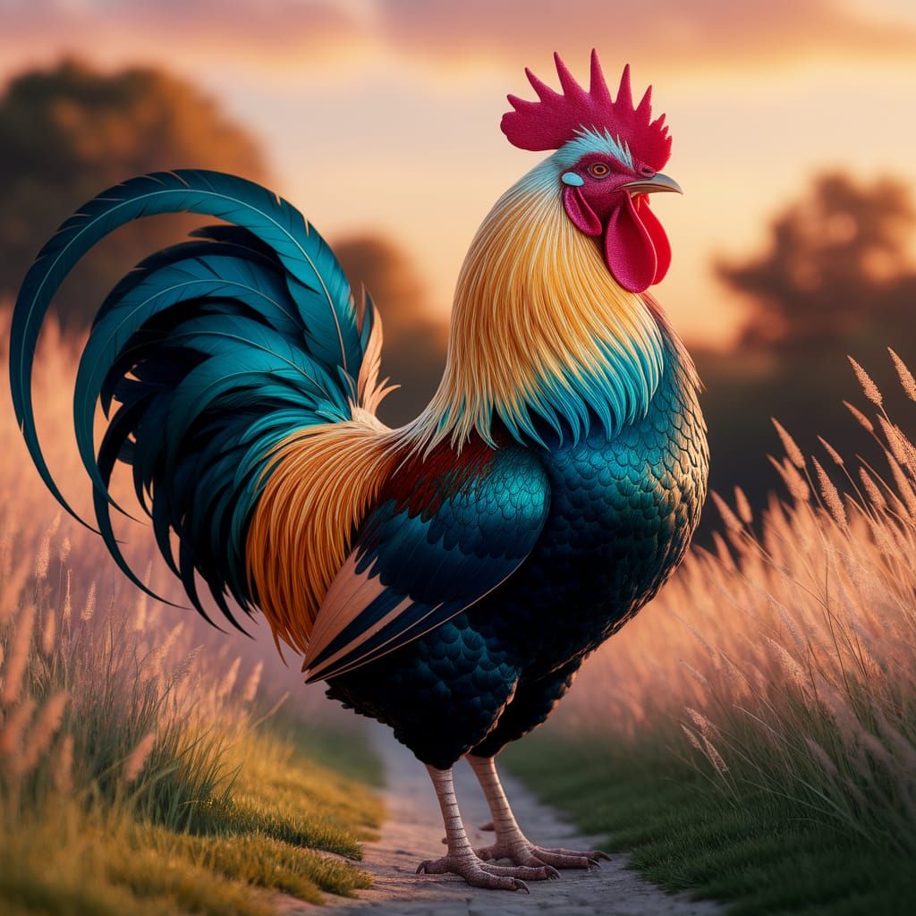 Elegant Rooster in Vibrant Sunset Landscape