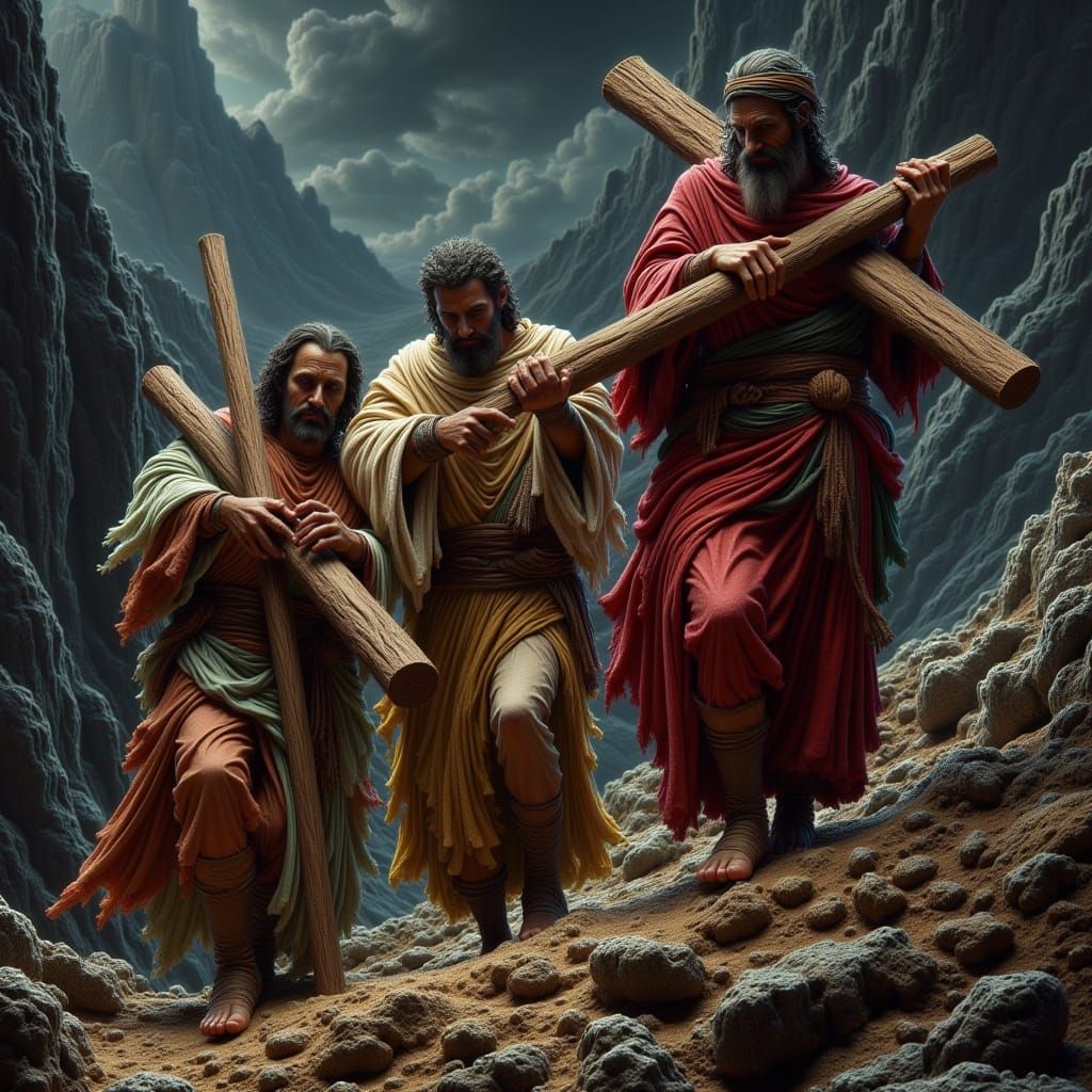 Men Struggling Uphill with a Heavy Cross in a Muted Dark Ton...