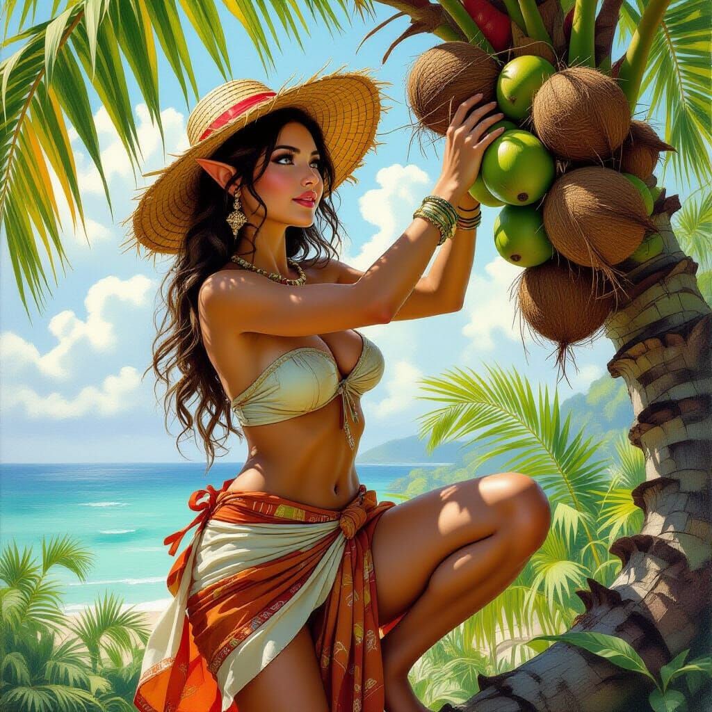 Elf Climbs for Coconuts: Fantasy Oil Painting