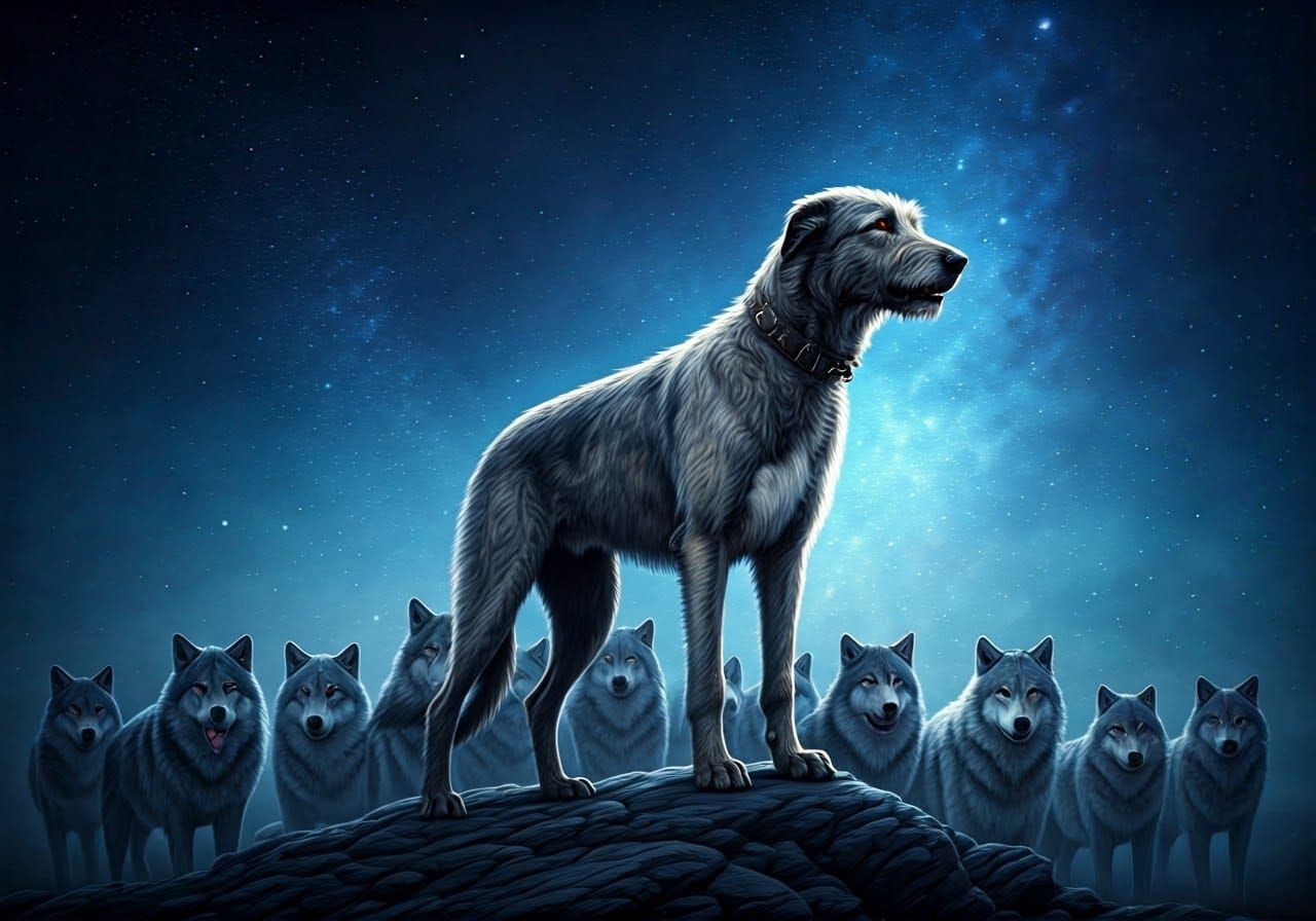 Irish Wolfhound Leading Wolves Howling at Moon