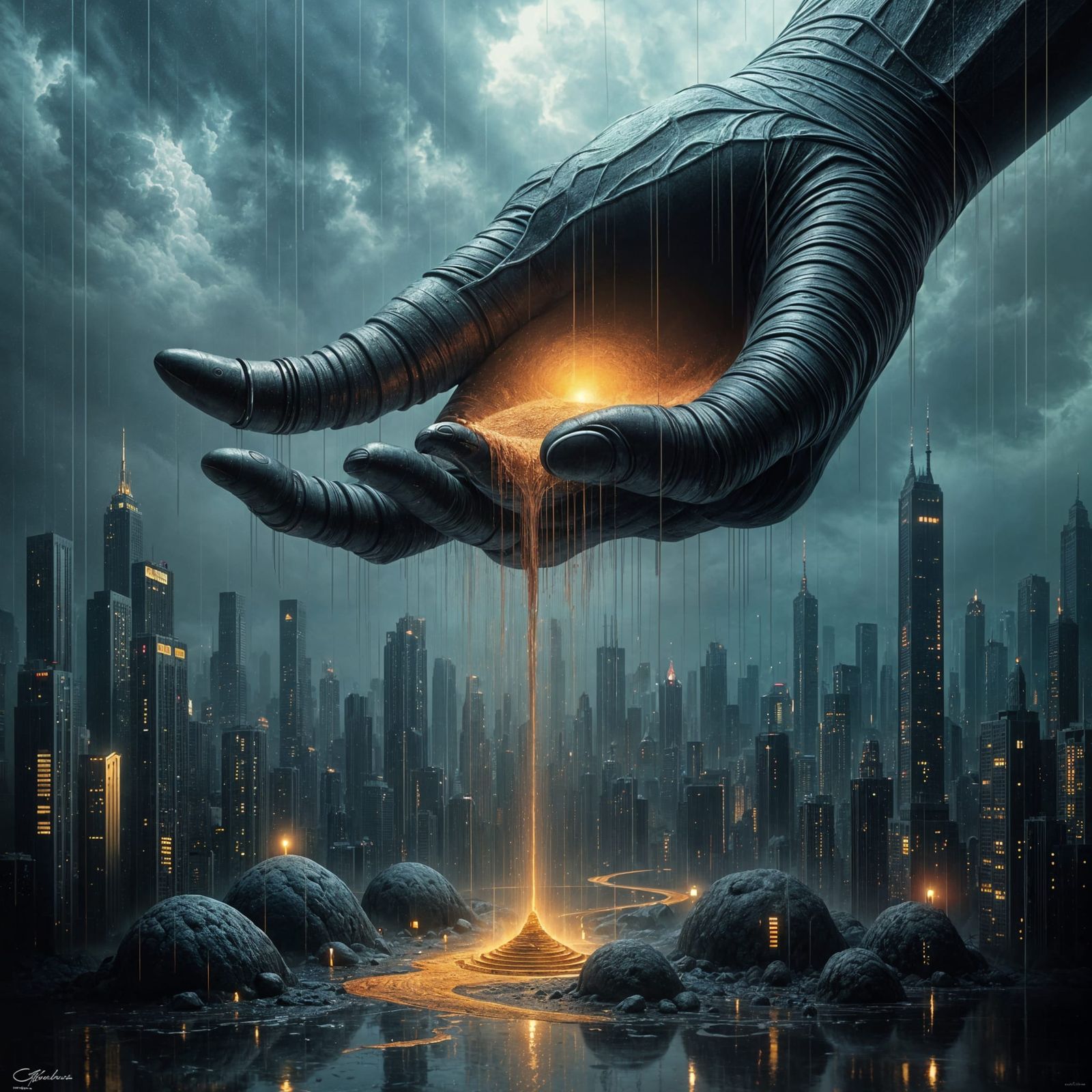 Ominous Hand Transforms Sand to Rain Over City