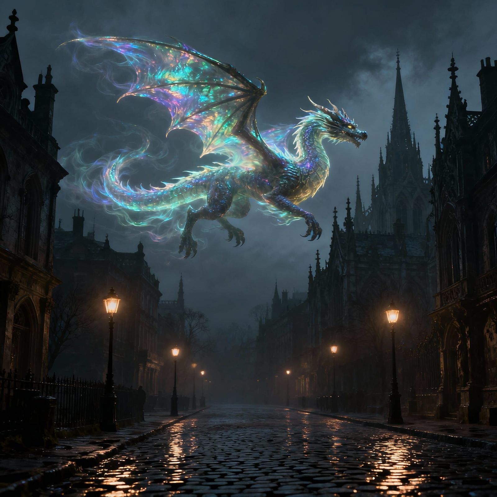 Spectral Dragon Soars Over Victorian Cityscape