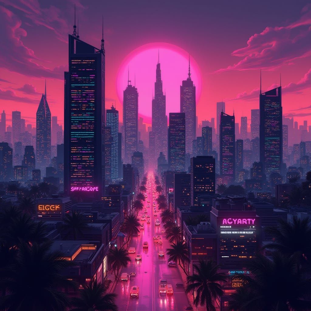 Neon Cityscape at Dusk in Synthwave Style