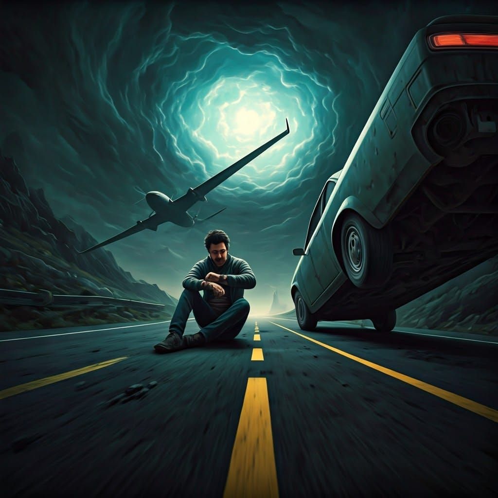 Man Stares at Watch as Airplane Shares Road in Vibrant Fanta...