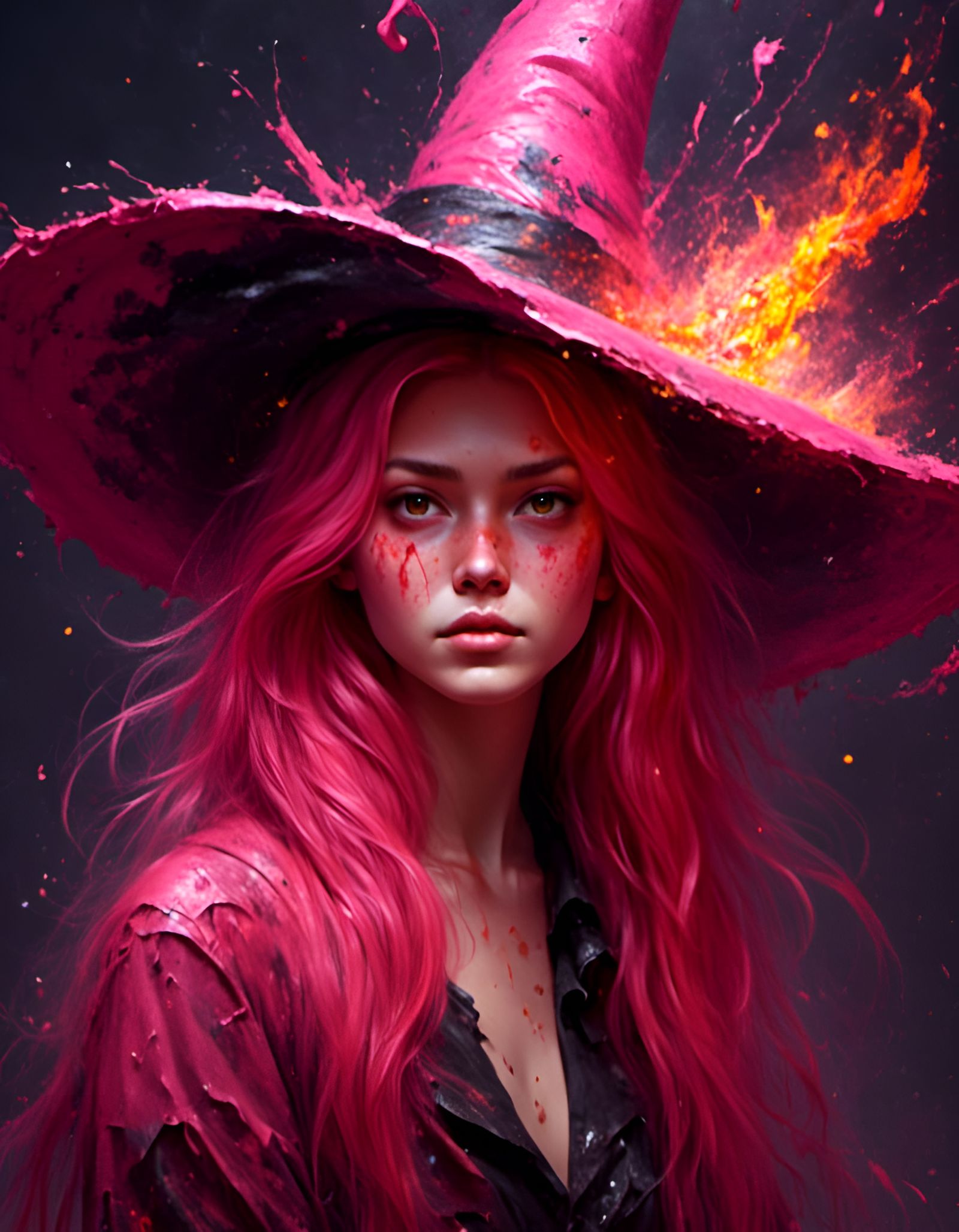 Fiery Witch Portrait with Flowing Magic Elements