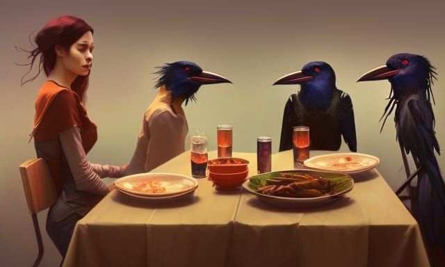 Crows Feast: Human Dinner in Pixar Cartoon Style