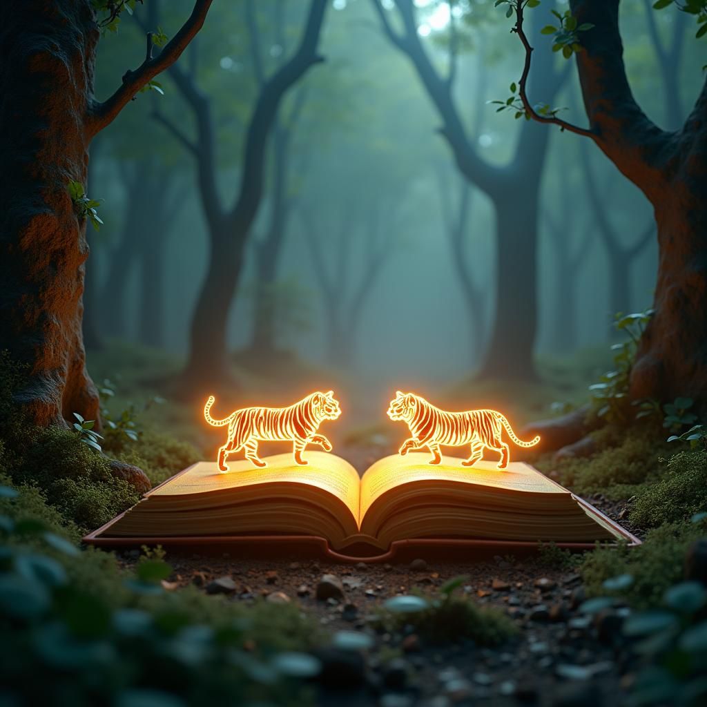Glowing Tigers Leap From Book in Misty Forest