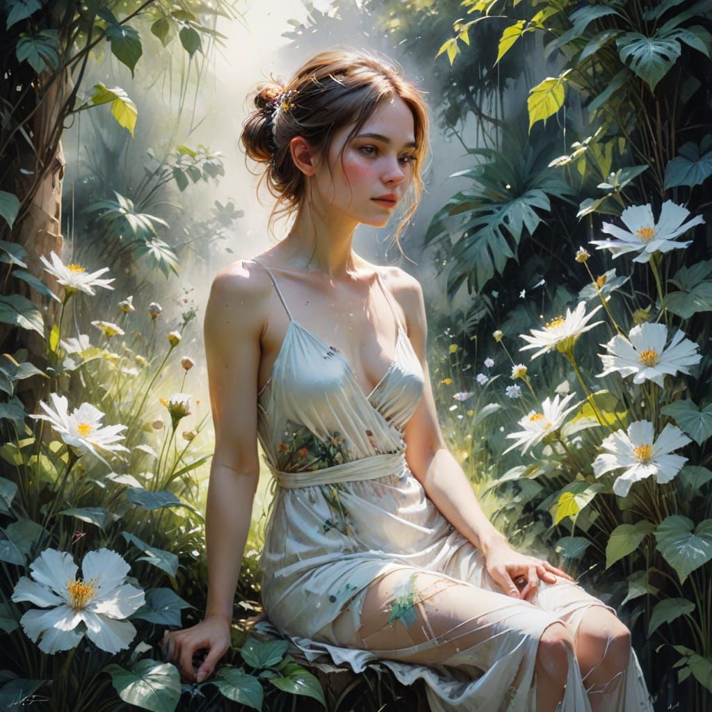 Ethereal Woman in Lush Garden, Masterpiece Oil Painting